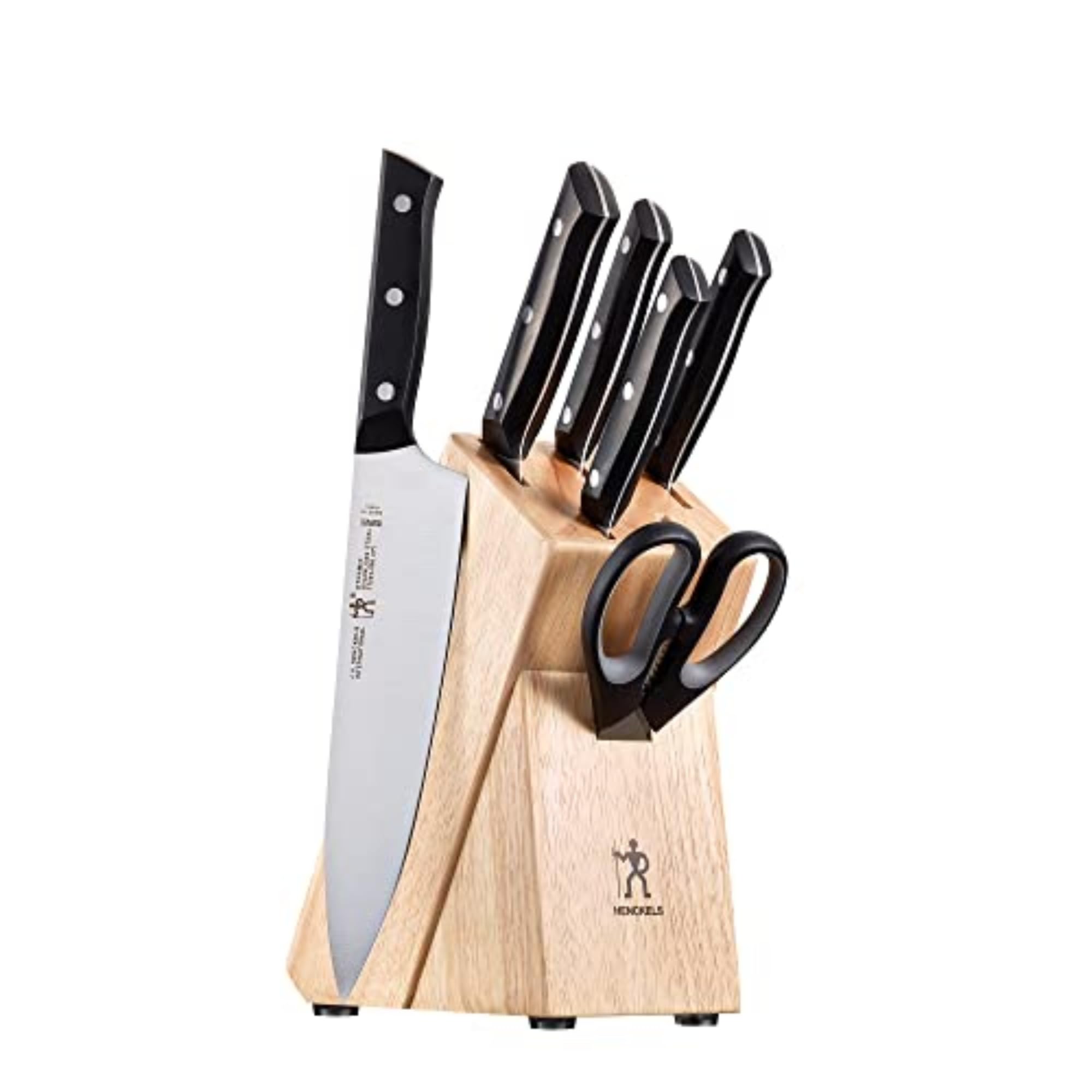 HENCKELS vue avant du coffret complet montrant le bloc en bois et les couteaux, rangement optimisé