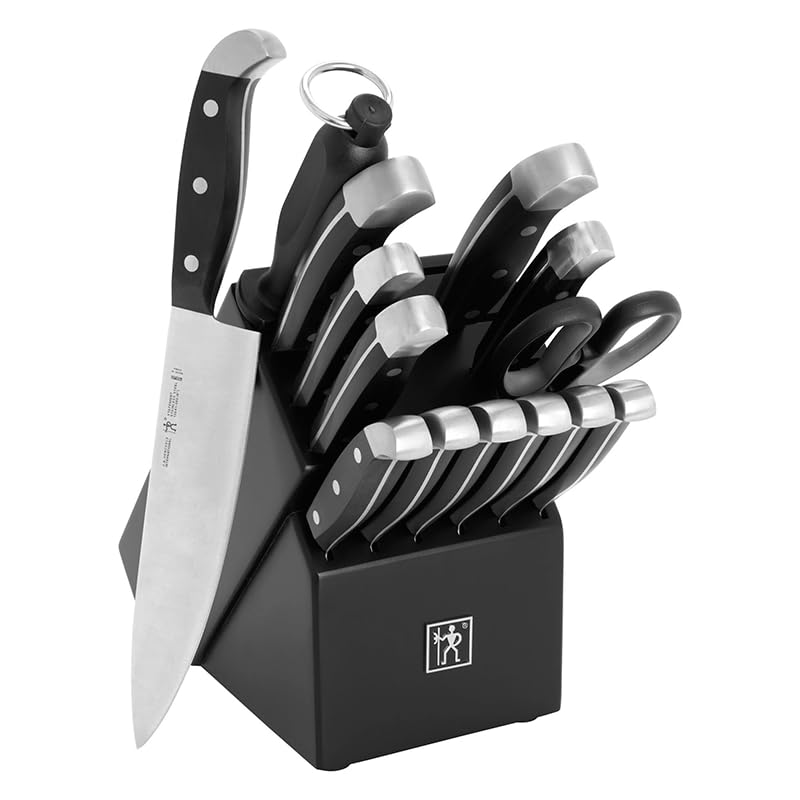 HENCKELS coffret face avant montrant les 15 pièces et bloc noir, gain de place
