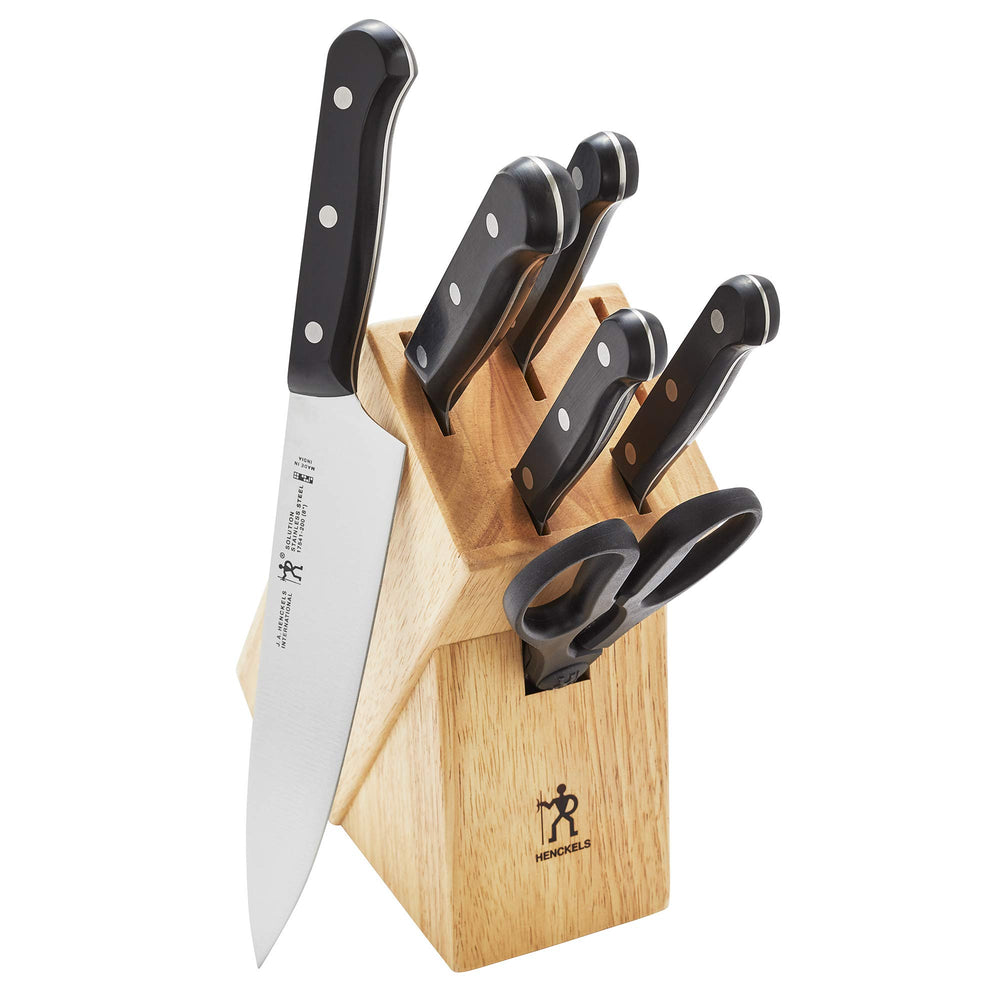 HENCKELS ensemble face avant montrant les 7 pièces et le bloc en bois pour rangement pratique