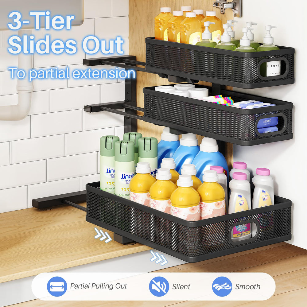 herjoy unité installée sous évier avec produits de nettoyage pour organisation pratique
