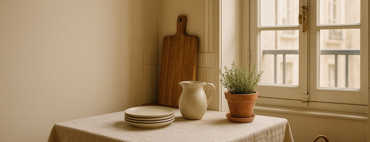 Table de cuisine en lin avec vaisselle en grès, planche en bois et pot de thym — Maison Velira