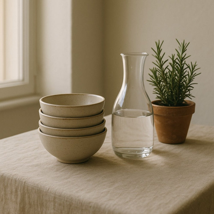 Bols en grès et carafe sur une nappe en lin — Maison Velira