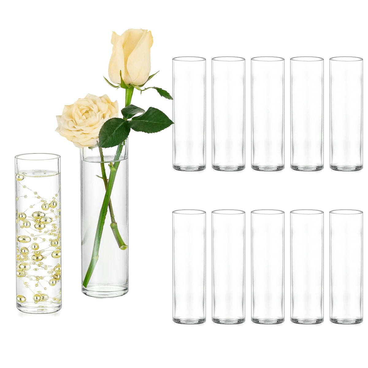 Hewory vue avant du lot de 12 vases montrant la transparence et la présentation pratique