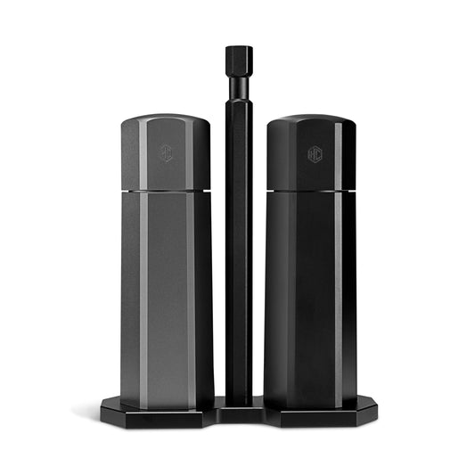 HexClad vue avant du set HexMill avec support noir, élégant et fonctionnel