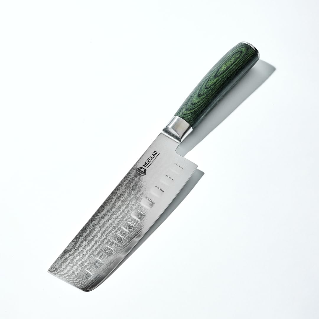 HexClad vue avant du couteau Nakiri montrant lame et manche, précision de coupe