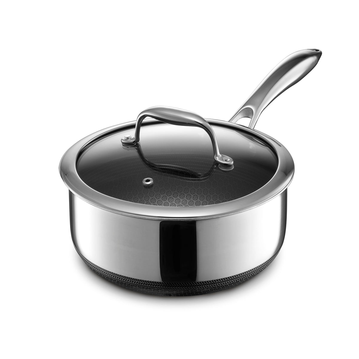 HexClad saucier face avant montrant la finition acier et design professionnel
