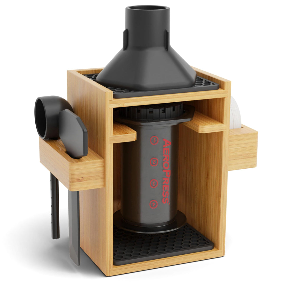 HEXNUB face avant montrant rangement AeroPress et organisation pratique