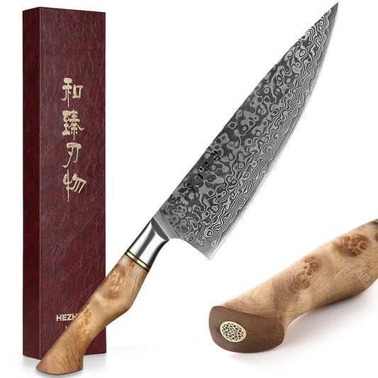 HEZHEN vue de face du couteau chef montrant la lame et le manche, précision de coupe