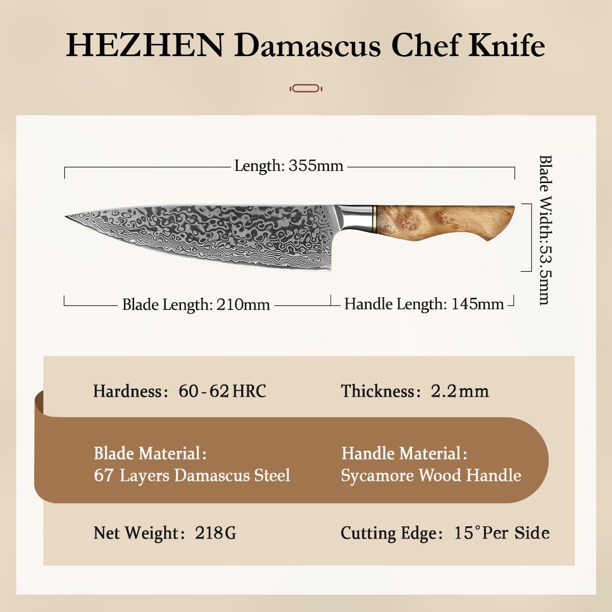 HEZHEN profil couteau pour montrer l'équilibre lame-manche, réduction de fatigue