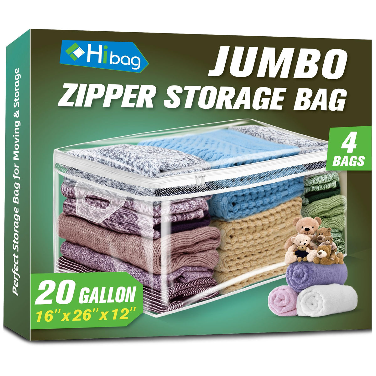 HIBAG vue frontale du sac transparent montrant l'apparence et gain d'espace