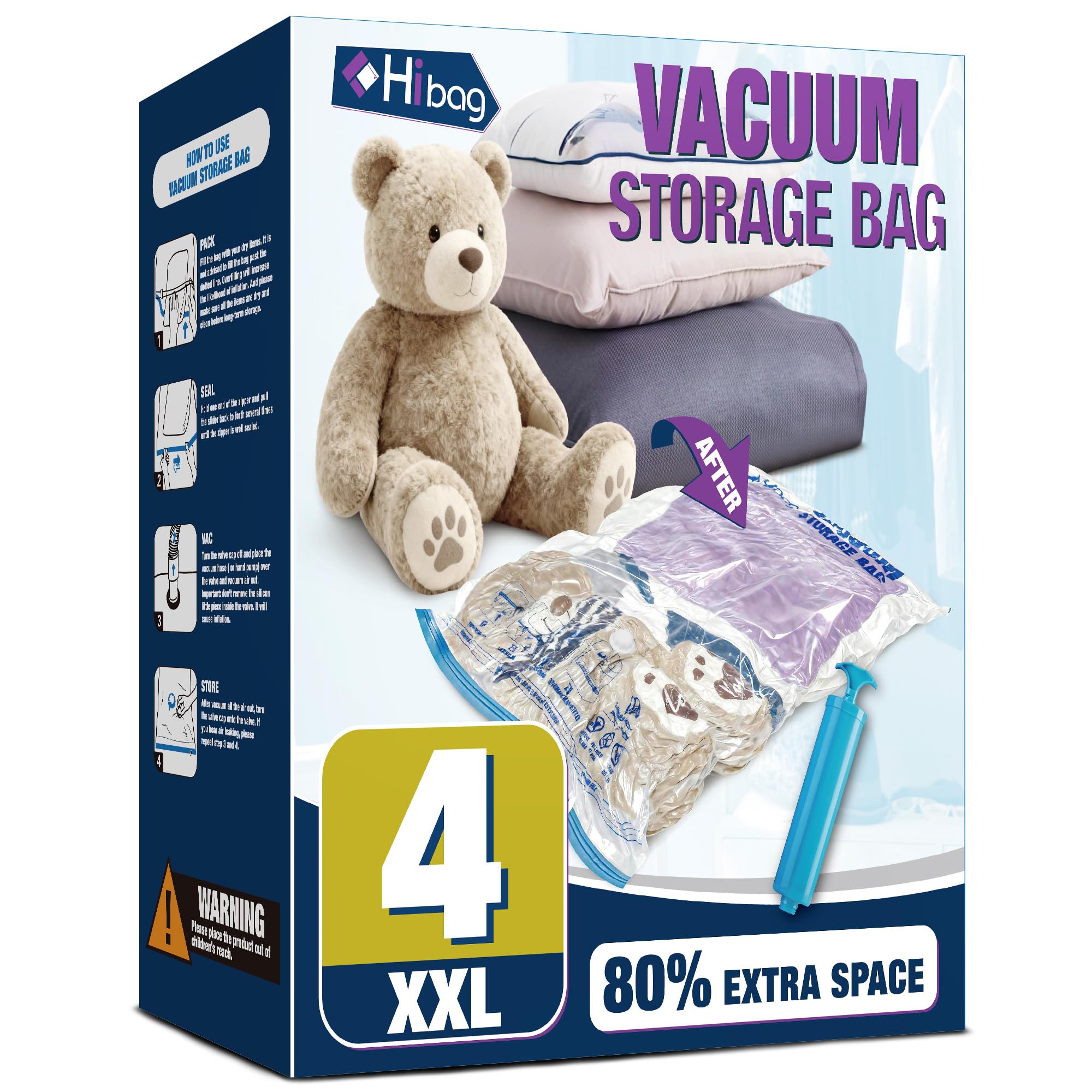 HIBAG emballage avant montrant dimensions et usage, gain d'espace clair