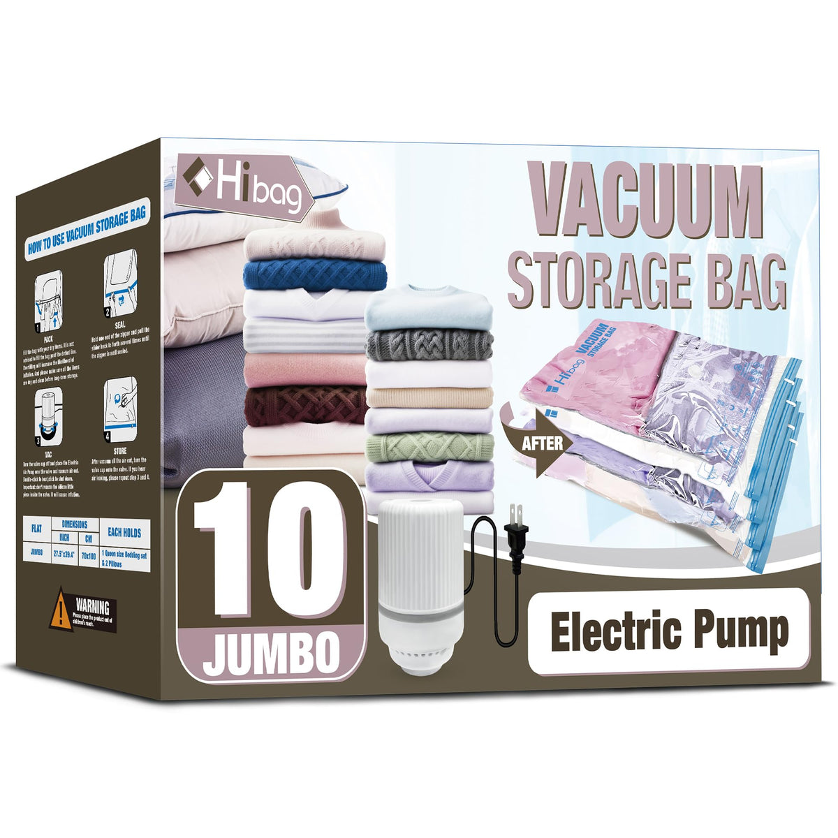 HIBAG emballage avant montrant lot de sacs et pompe pour gain d'espace