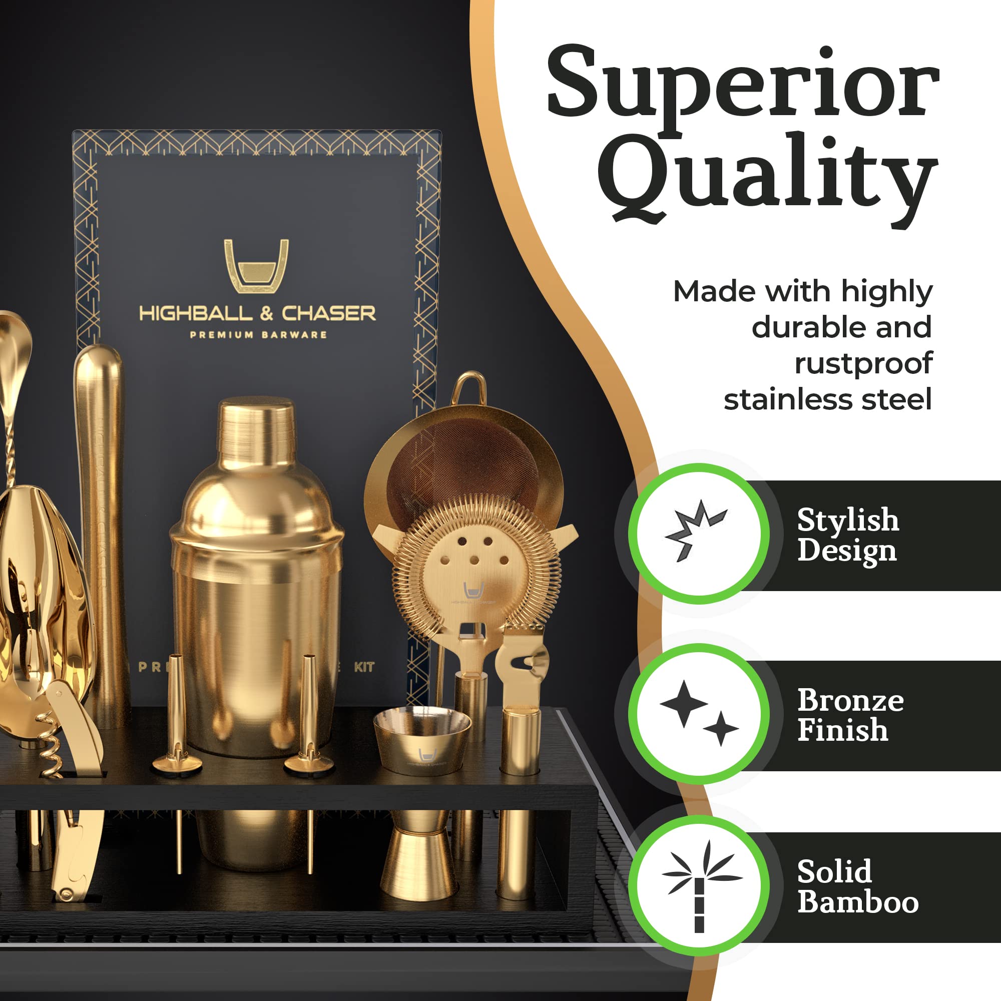 Highball & Chaser ensemble d’outils alignés, accessibilité et service rapide