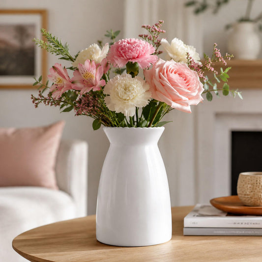 hjn vase face avant blanc lisse met en valeur bouquet avec élégance