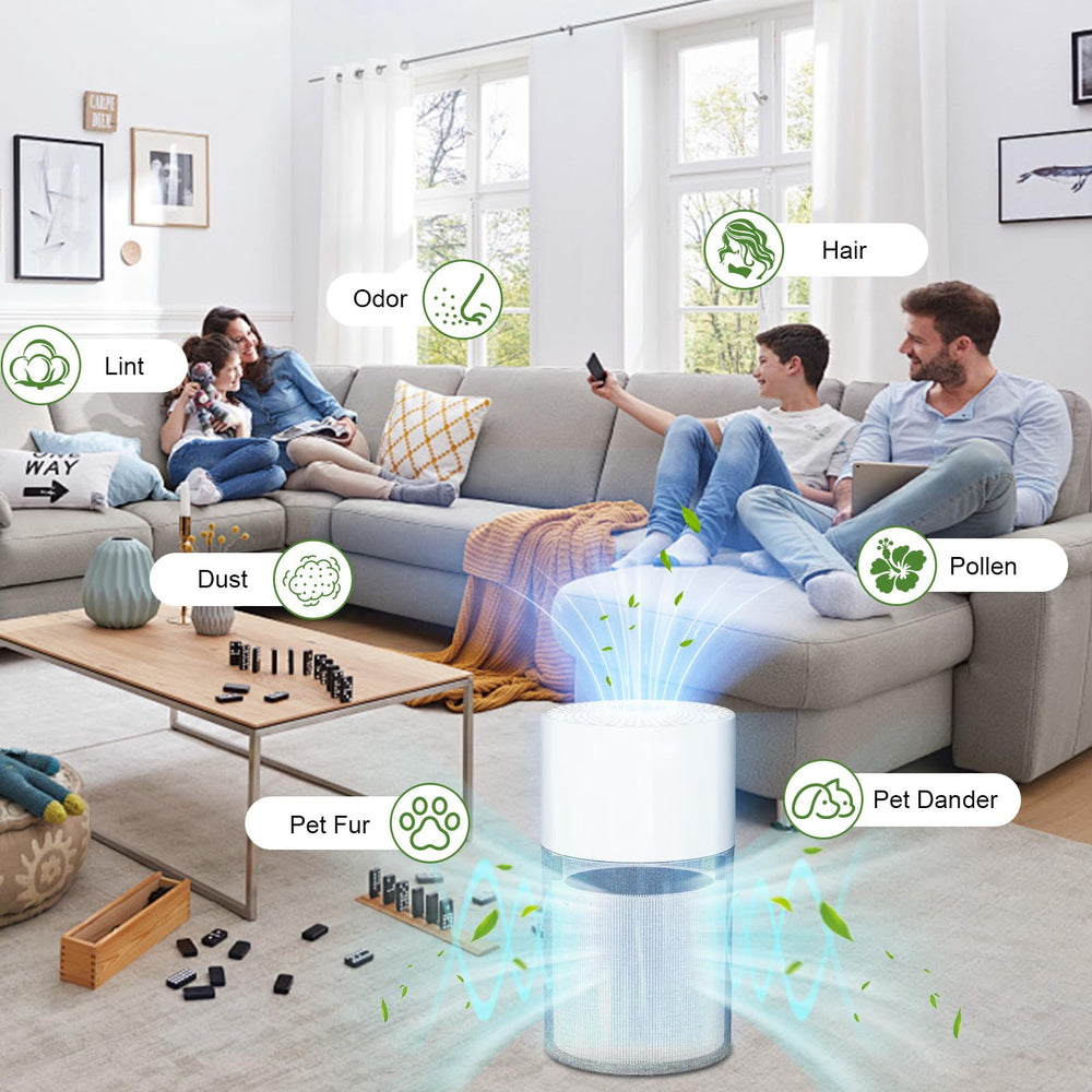 HKNECE scène de salon avec purificateur 511 montrant confort et air plus sain