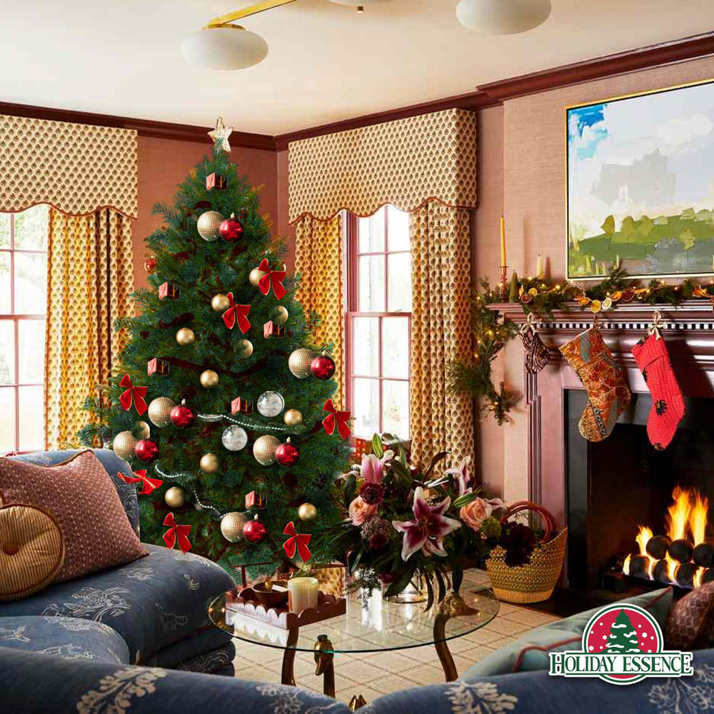 Holiday Essence sapin décoré en situation salon ambiance chaleureuse