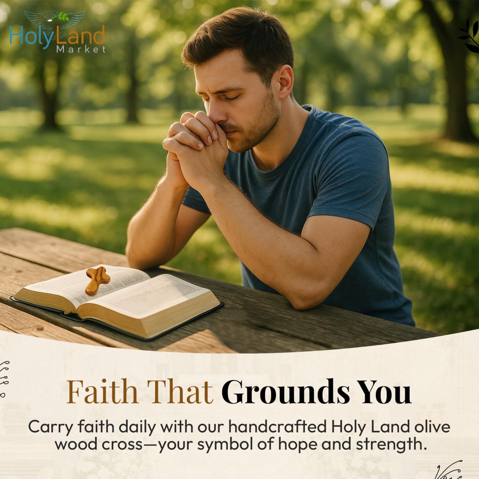 Holy Land Market croix utilisée pour méditation, réconfort en main