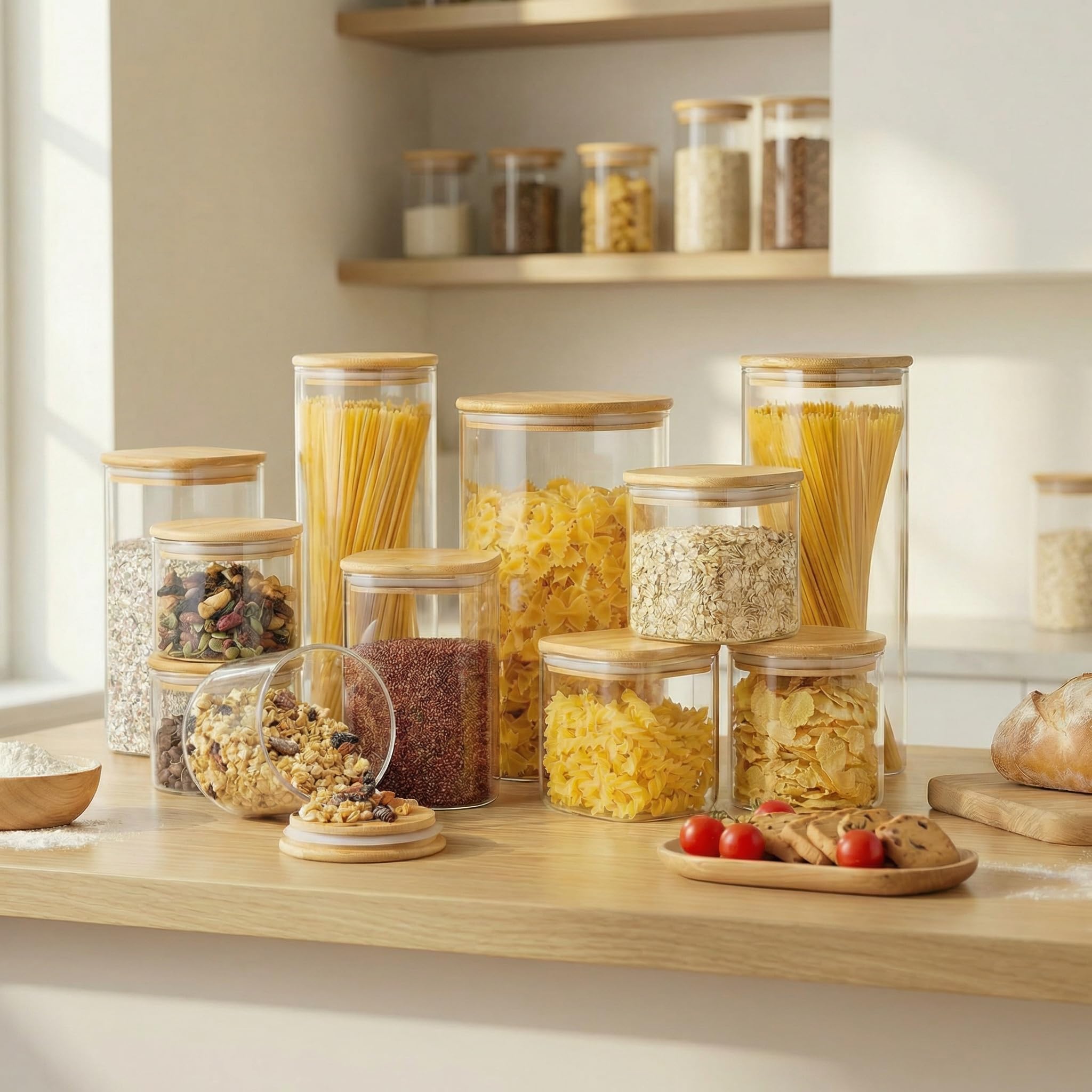 HomArtist bocal en usage avec pâtes et riz montrant large ouverture pour faciliter le remplissage