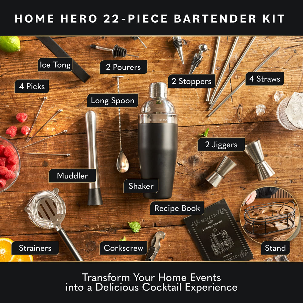 Home Hero shaker et outils visibles pour préparation rapide de cocktails