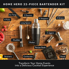 Home Hero shaker et outils visibles pour préparation rapide de cocktails