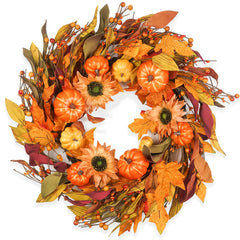 HomeKaren couronne automne vue de face sur porte apporte accueil chaleureux