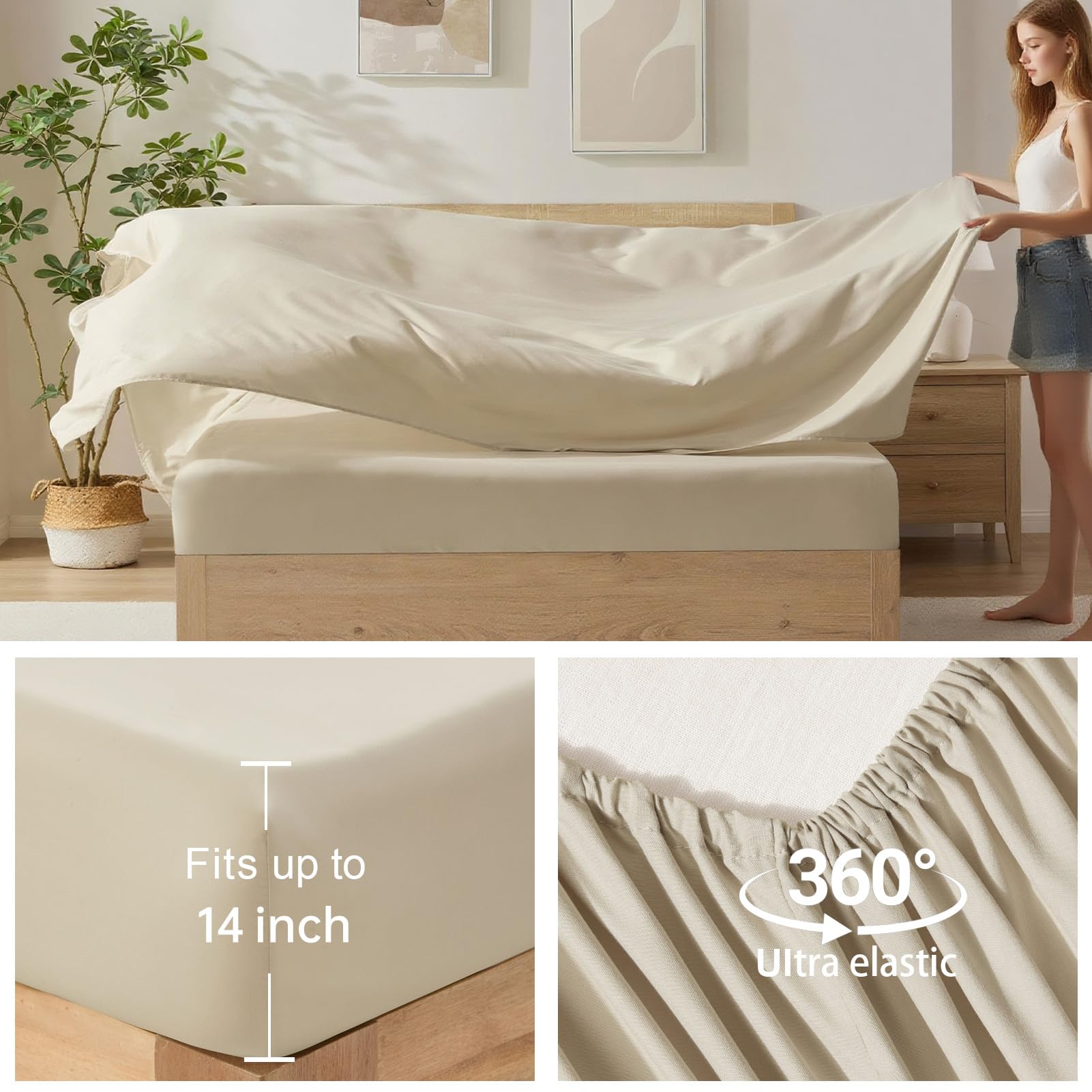 Homelike Moment zoom sur drap housse beige montrant ajustement jusqu'à 14 pouces