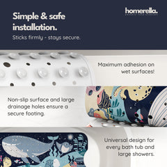 Homerella tapis avec crochets auto-adhésifs illustrant séchage rapide et anti-moisissure