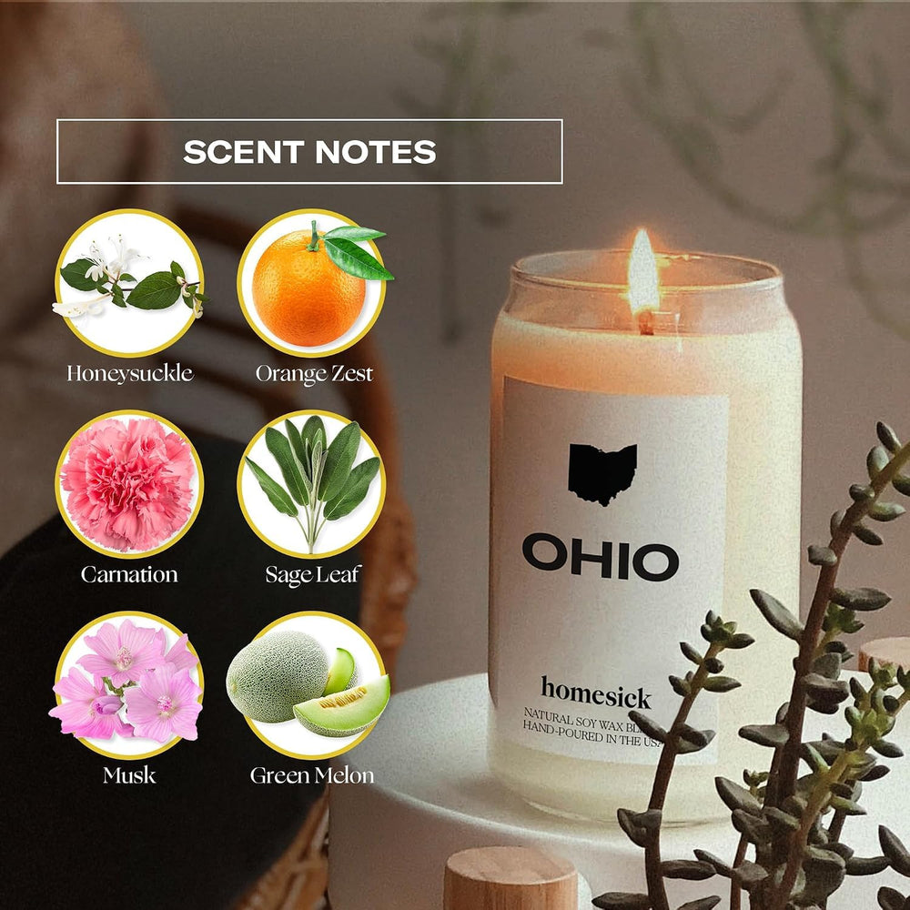 Homesick bougie Ohio posée sur une table de salon créant une atmosphère accueillante
