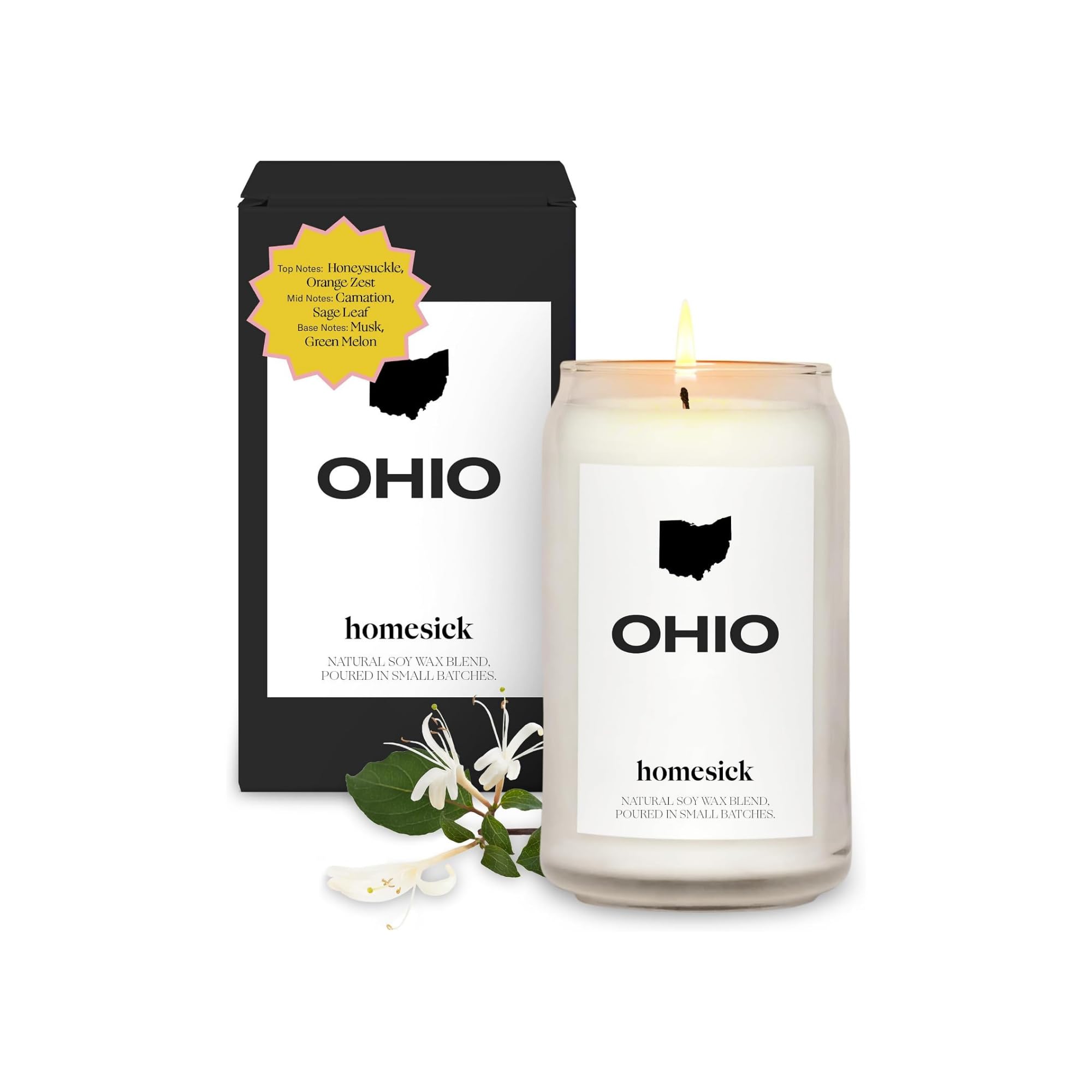 Homesick bougie Ohio face emballage montrant le pot et l'étiquette, ambiance cadeau