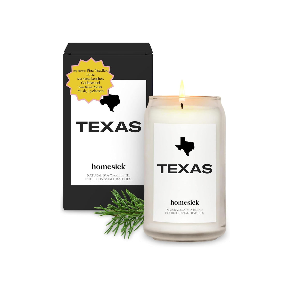 Homesick bougie Texas face avant montrant design et style authentique