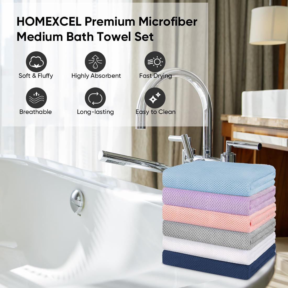 HOMEXCEL serviette pliée et étiquette affichant dimensions et qualité
