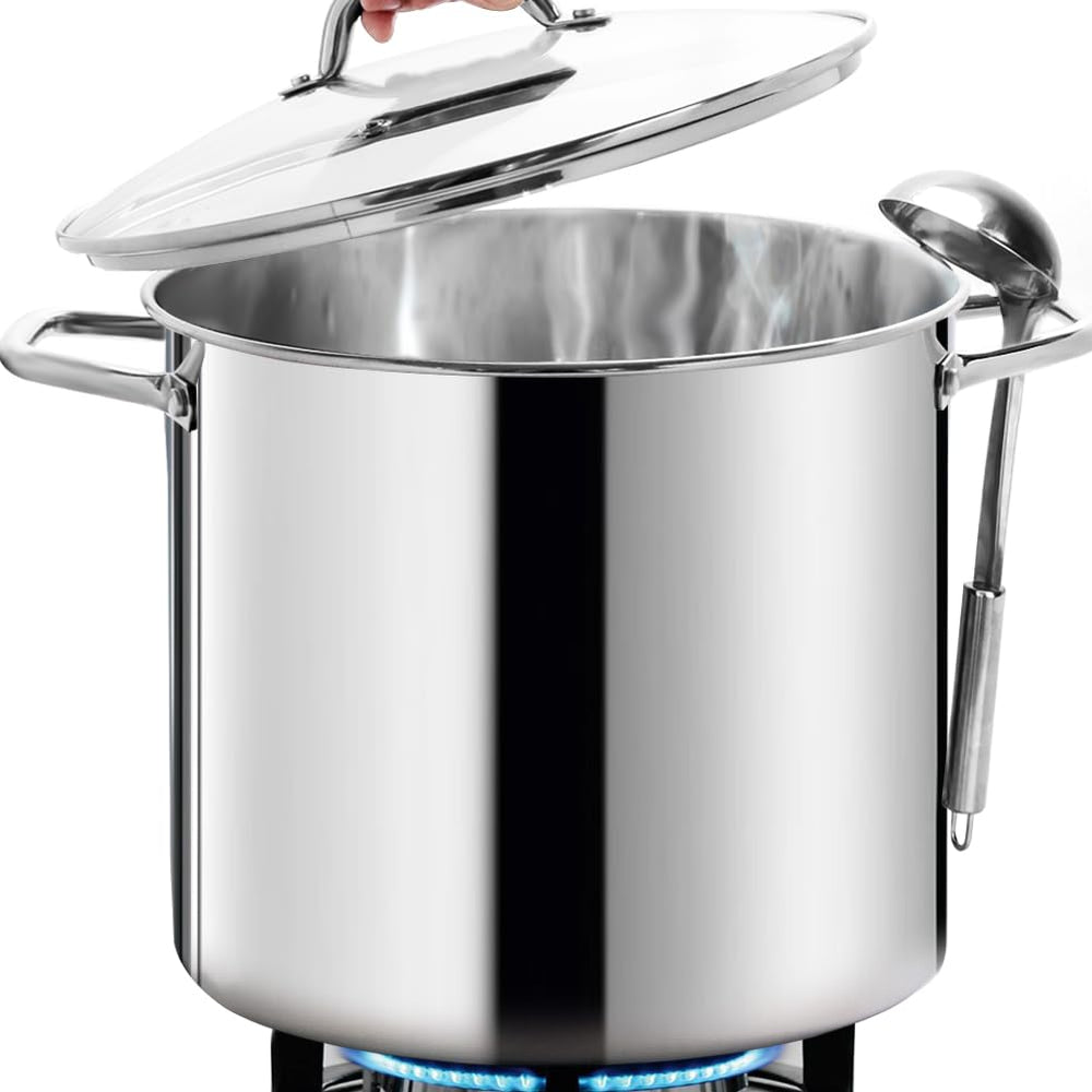 HOMICHEF marmite 24 qt vue de face montrant la finition miroir et capacité