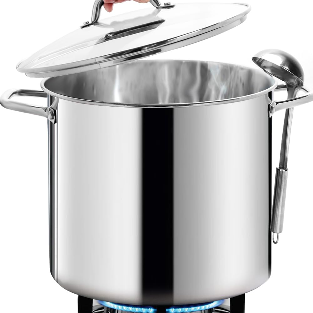 HOMICHEF marmite 24 qt vue de face montrant la finition miroir et capacité