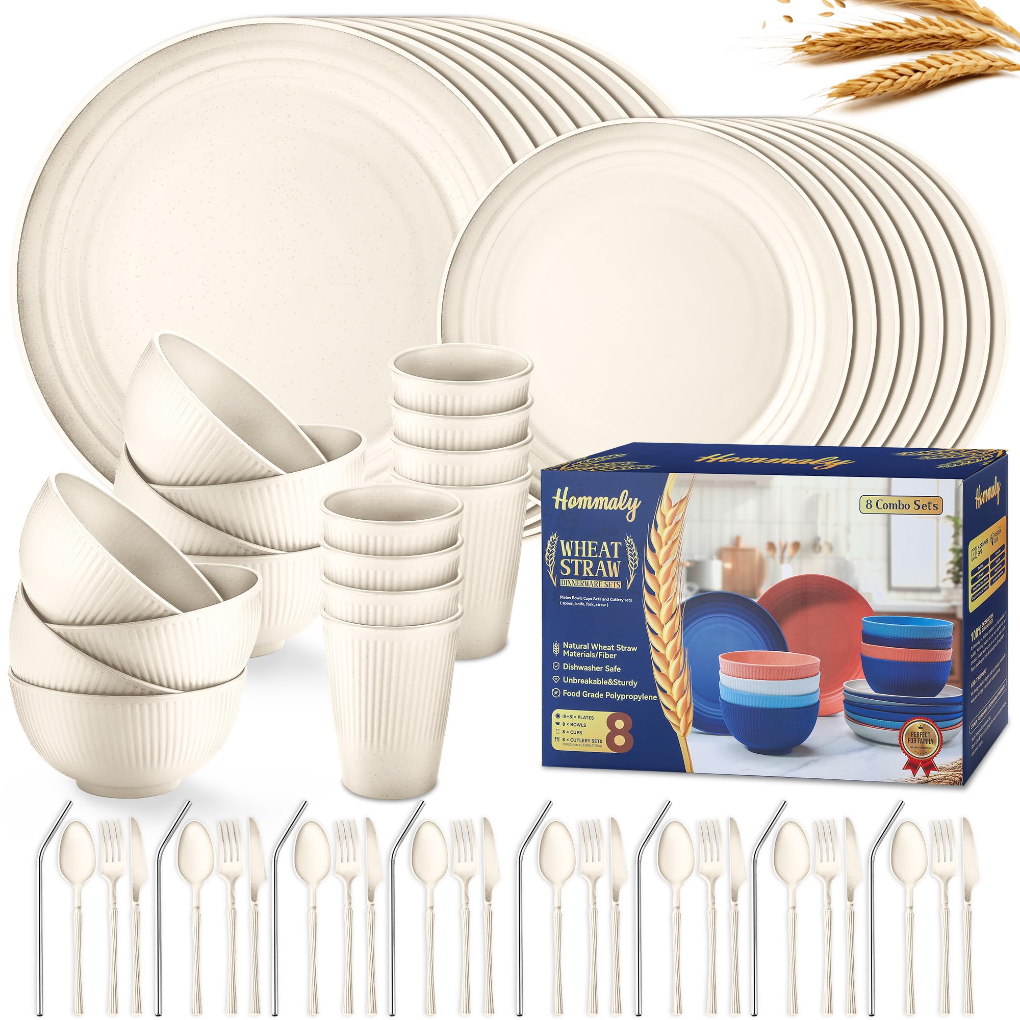 Hommaly ensemble complet 64 pièces beige montrant packaging et contenu, praticité de rangement
