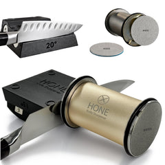 HONE avant produit emballage montrant l'aiguiseur complet et ses accessoires utile