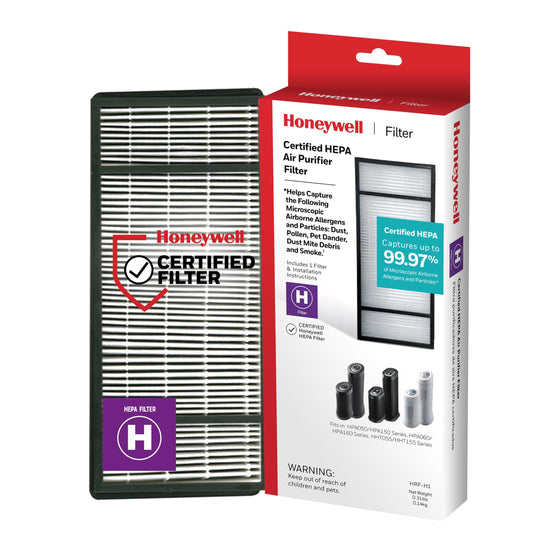 Filtre Honeywell HRF-H1 face avant montrant emballage et compatibilité, garantit performance