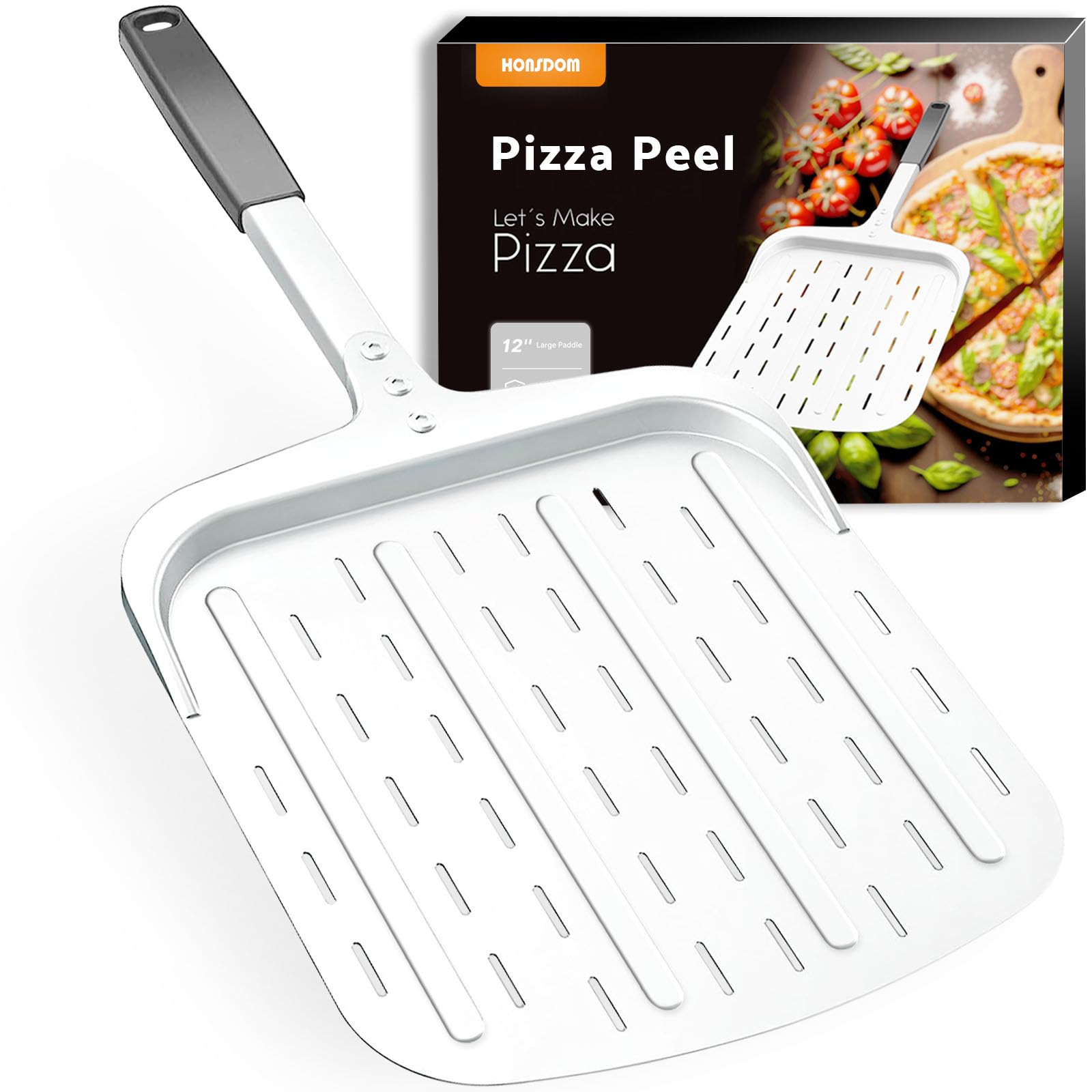 Honsdom pelle pizza face montrant grande surface pour glisser pizzas