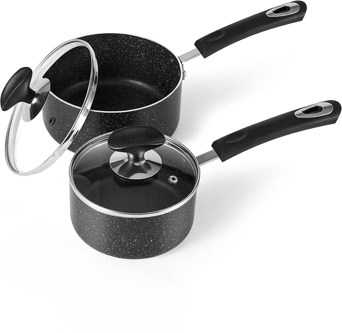 HooJay vue avant des deux casseroles montrant finition et couvercles, gain de place