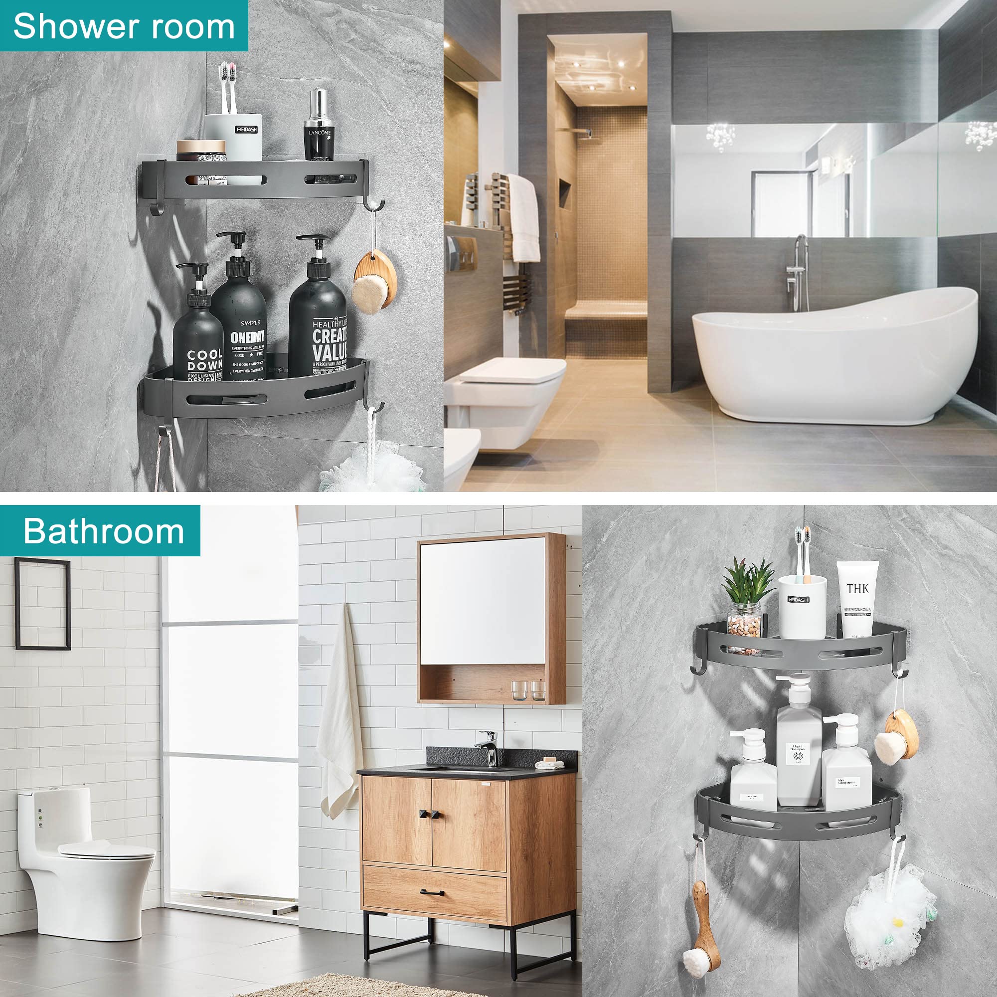 Hoomtaook étagère installée en douche montrant organisation pratique des produits