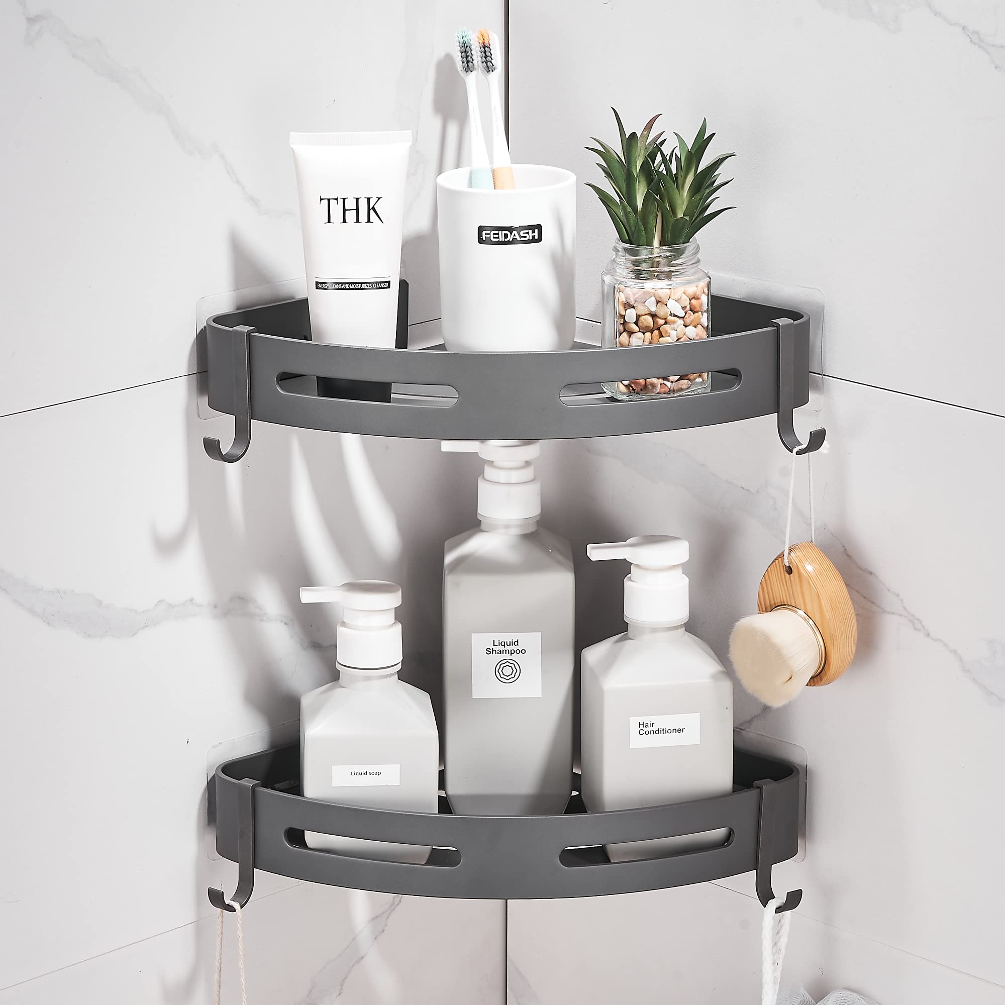 Hoomtaook étagère d'angle face montrant rangement compact et design gris foncé bénéfique