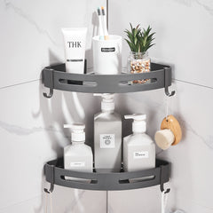 Hoomtaook étagère d'angle face montrant rangement compact et design gris foncé bénéfique