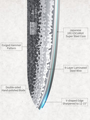 HOSHANHO Gyuto gros plan sur la lame et le motif, preuve de forge artisanale