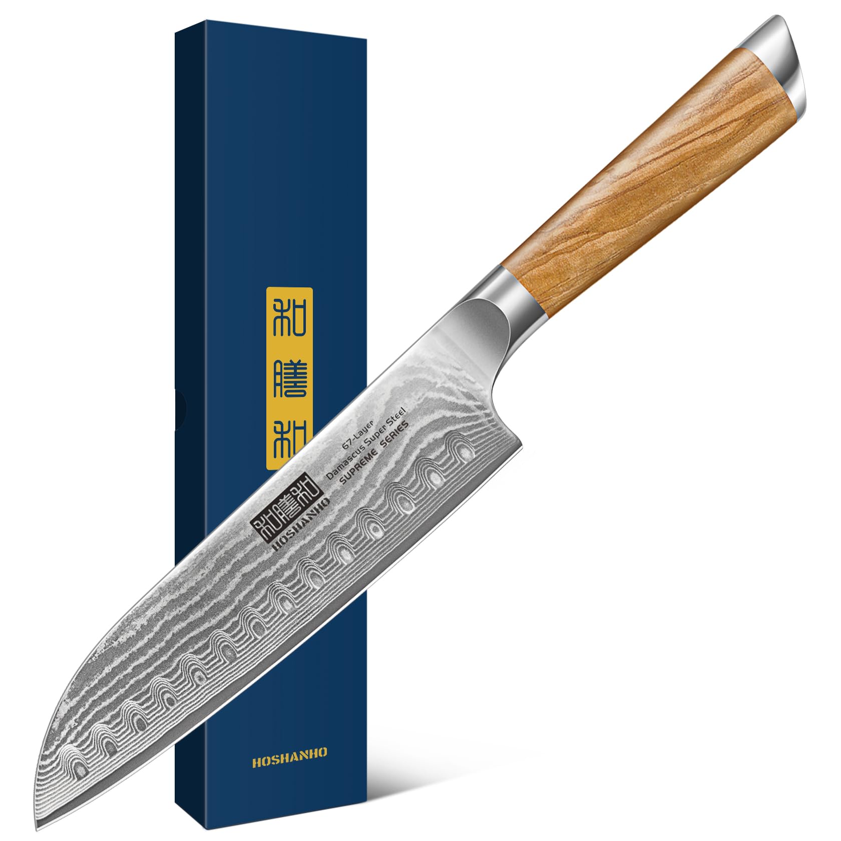 HOSHANHO Santoku 7" face avant montrant lame damassée et finition de qualité