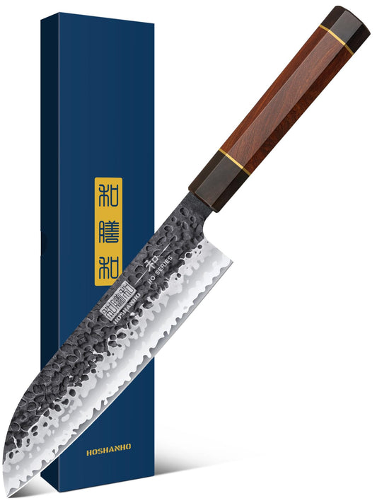 HOSHANHO santoku face avant montrant la lame et l'équilibre