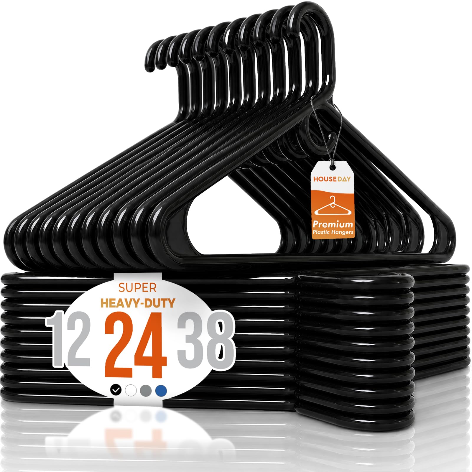 HOUSE DAY pack de 24 cintres noirs montrant la face avant, organise instantanément le dressing