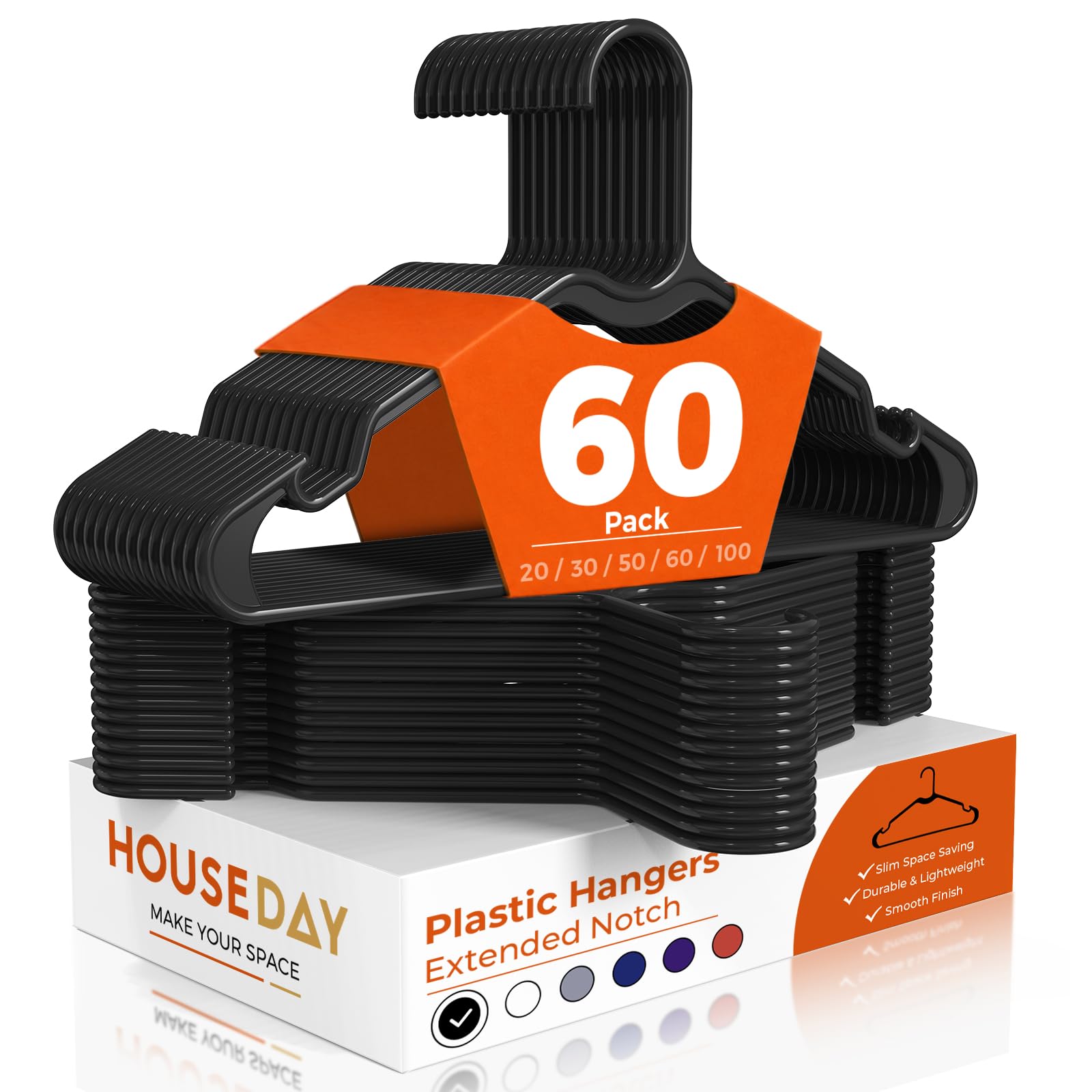 HOUSE DAY pack de 60 cintres noirs montrant la face avant et l'uniformité pour organisation