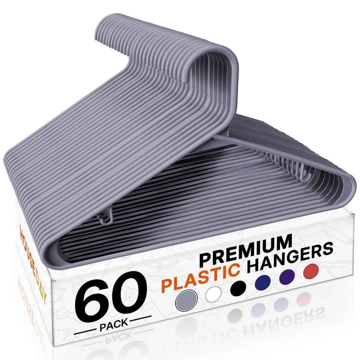 HOUSE DAY face du pack de 60 cintres gris, gain d'espace immédiat