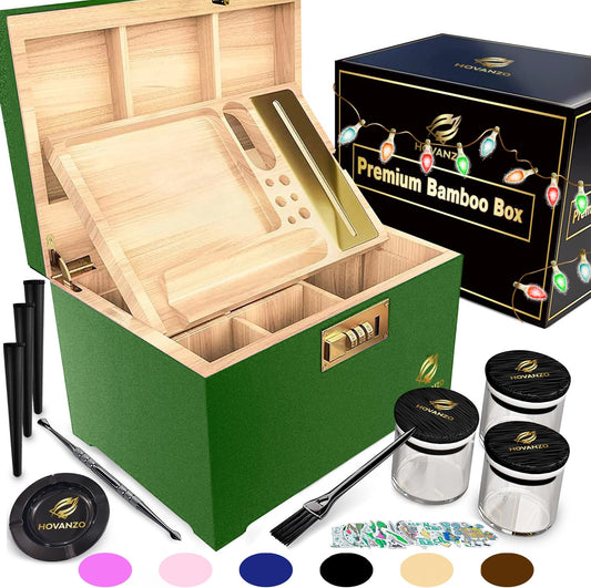 HOVANZO boîte bambou ouverte montrant compartiments et rangement pratique
