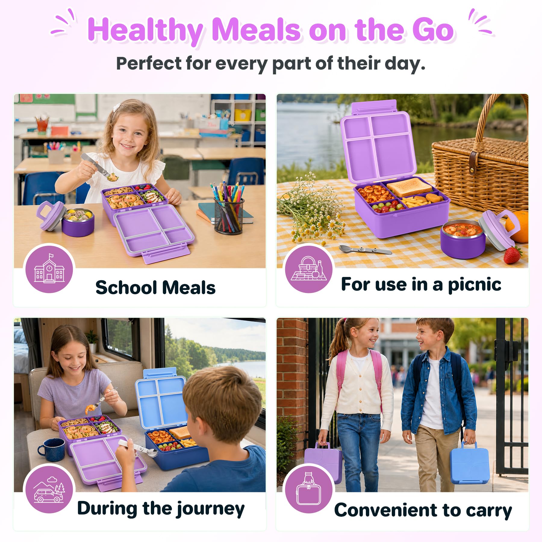 Howeemo lunchbox posée sur table d'école facile à transporter
