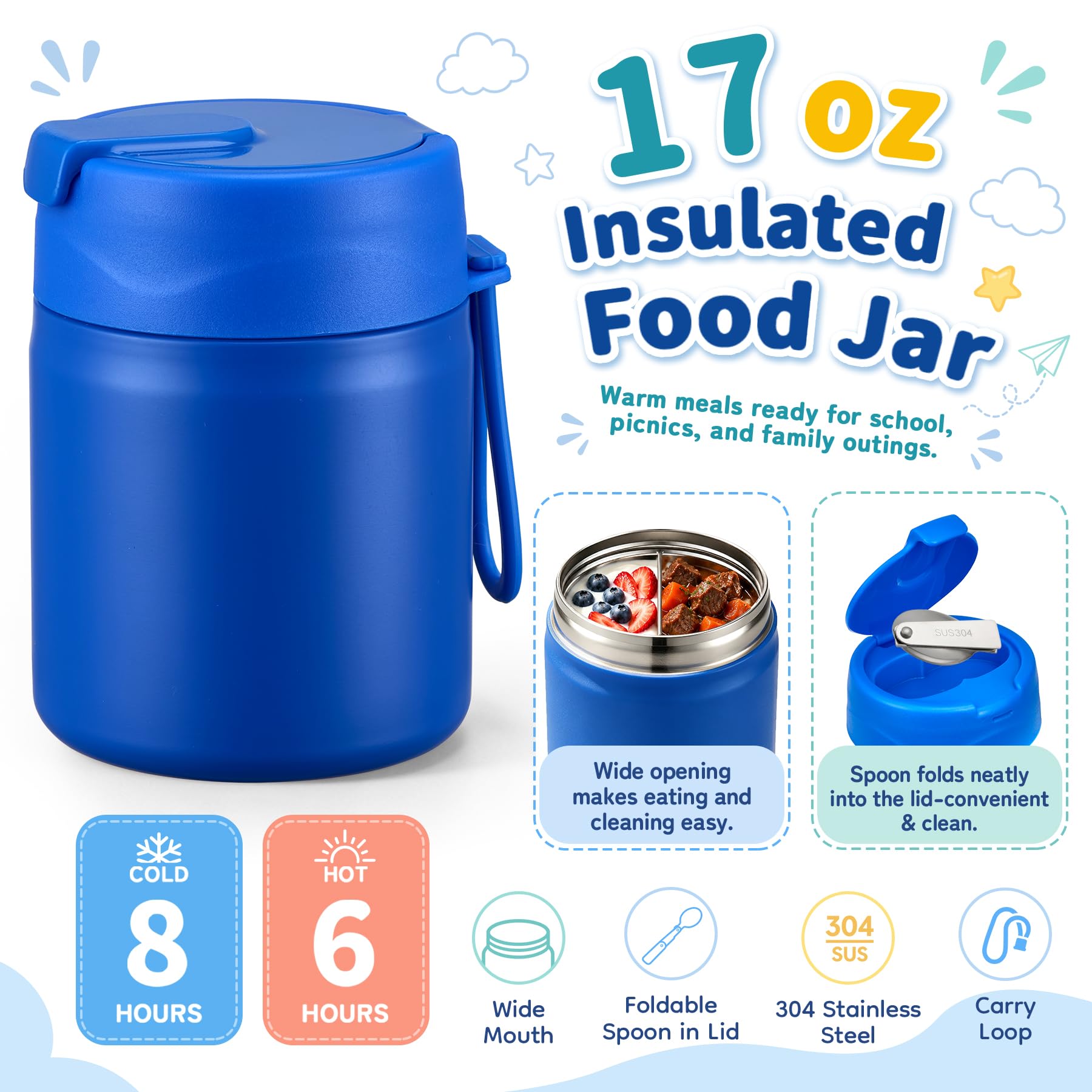 Howeemo thermos 500 ml gros plan montrant l'acier inox et la large ouverture facile à nettoyer